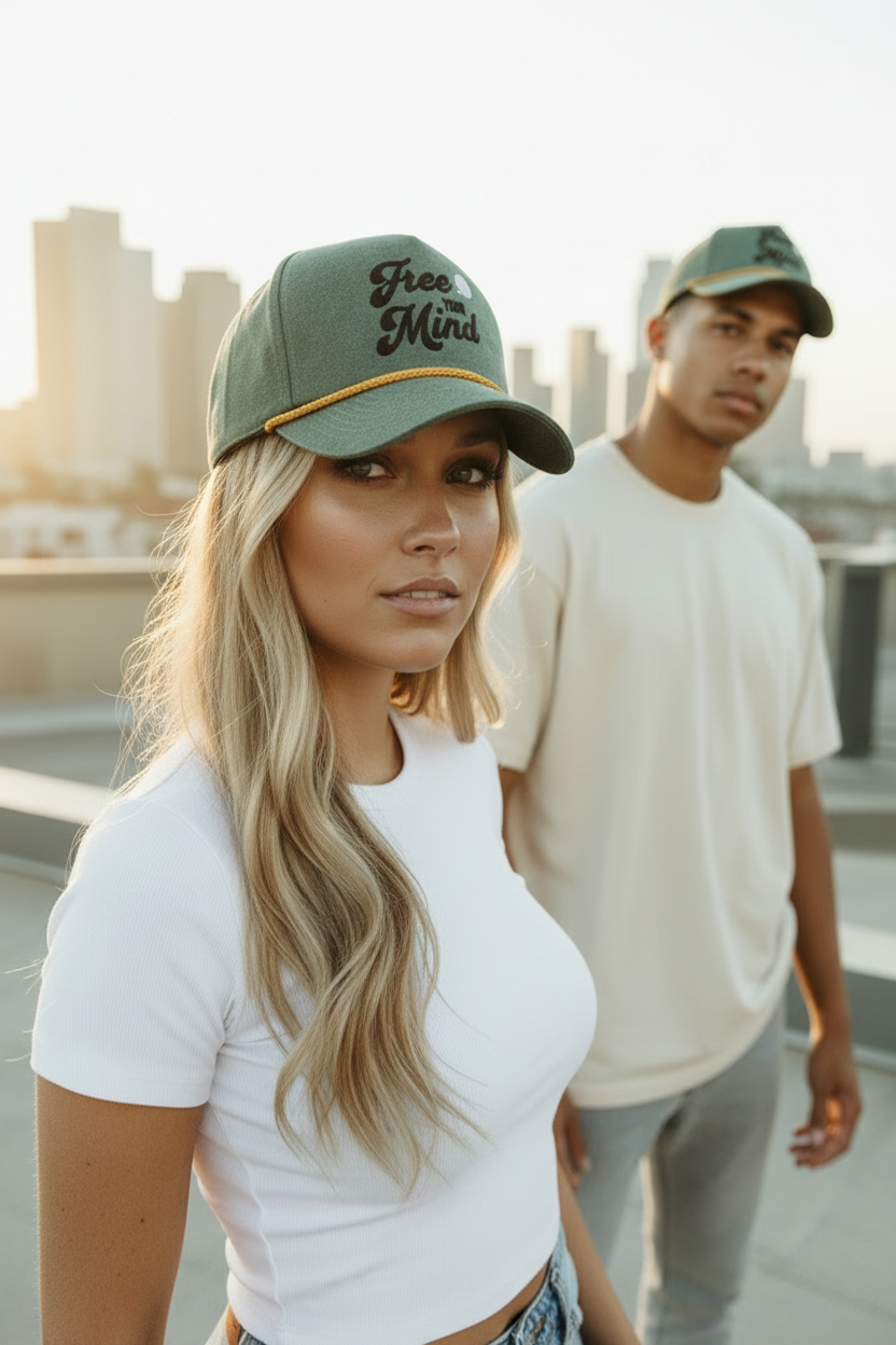 Olive Hat Dutch Angle Gray Blue Jeans