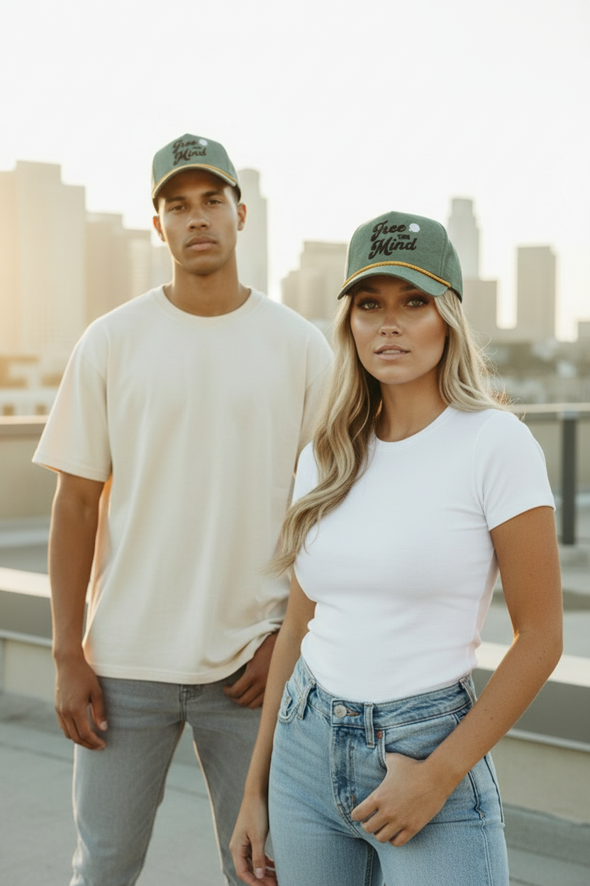 Olive Hat Telephoto Gray Blue Jeans