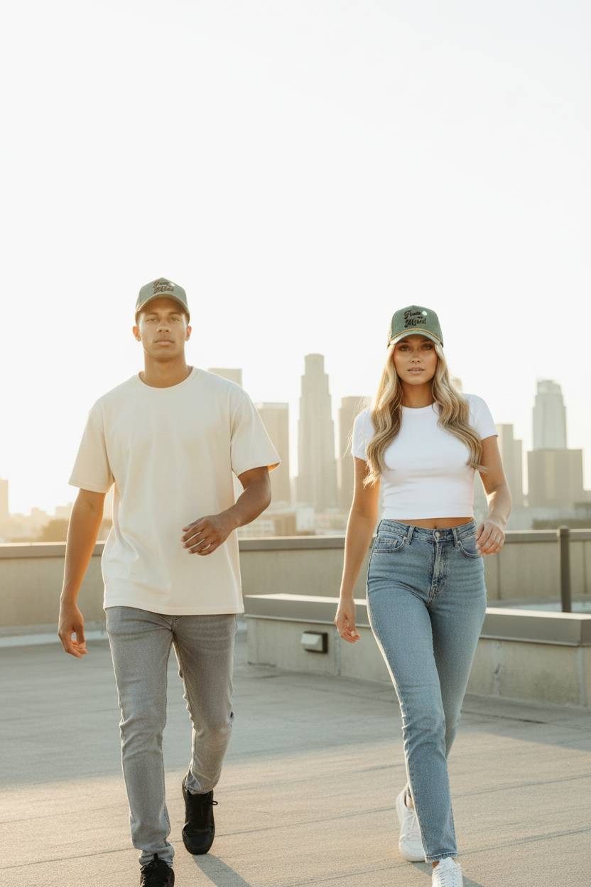 Olive Hat Walk Gray Blue Jeans
